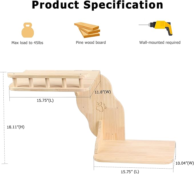 Wall Mounted Cat Shelves for Inside,2-Levels Wall Perch with Scratching Mat,Solid Pine Wood Floating Furniture for Climb,Lounge and Sleep (Left)