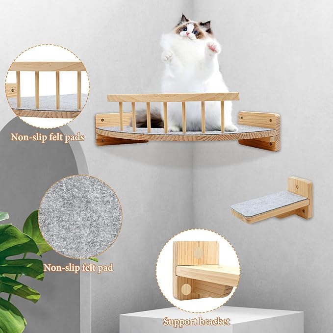 Cat shelves for wall with 4 Steps Scratch Post 13 * 13 in Indoor Walled Mounted Cat Bed with 6 Felt Pad Wood Cat Bed Hammock with Climbing Shelf for Cats Support 20 LBS