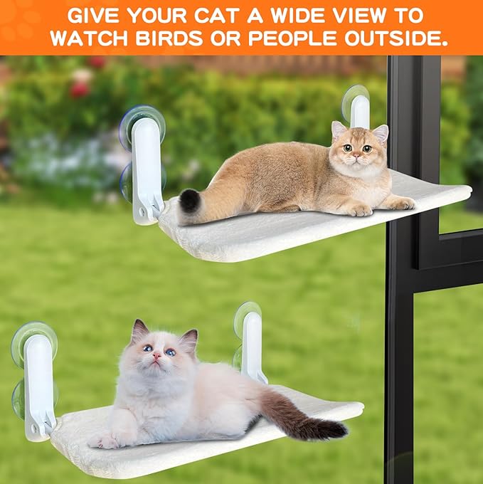 Cat Window Perch, Foldable Cat Window Bed with 4 Strong Suction Cups, Cordless Cat Hommack for Window Sill, Sturdy Metal Cat Window Seat Shelf for Indoor Cats with Reversible Cover(Beige)