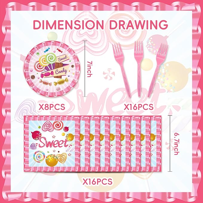 48Pcs Candyland Party Decorations Candy Land Party Decorations Include Pink Birthday Baby Shower Forks, Plates and Napkins Supplies