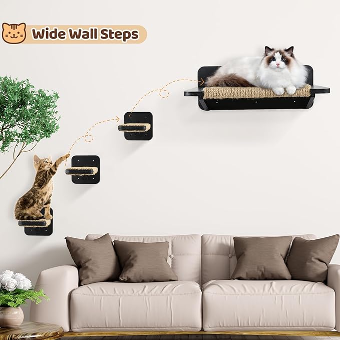 Cat Hammock Cat Wall Shelves with 3 Cat Wall Steps, Wall Mounted Cat Shelves and Perches with Hemp Rope Scratching, Cat Wall Furniture Climbing Shelves for Indoor Cats Set