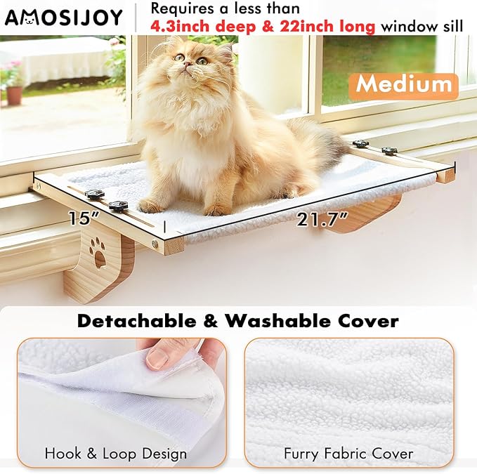 AMOSIJOY Cat Sill Window Perch Sturdy Cat Hammock Window Seat with Wood & Metal Frame for Large Cats, Easy to Adjust Cat Bed for Windowsill, Bedside, Drawer and Cabinet