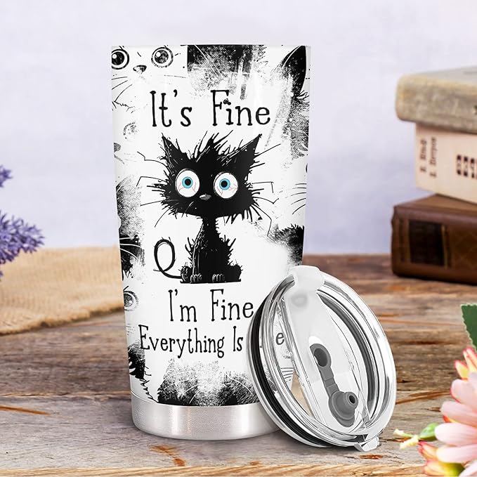 34HD Funny Black Cat Tumbler with Lid, 20oz Stainless Steel Vacuum Insulated Everything Is Fine Cup, Cat Lover Gifts for Women Birthday Mothers Day Halloween Christmas