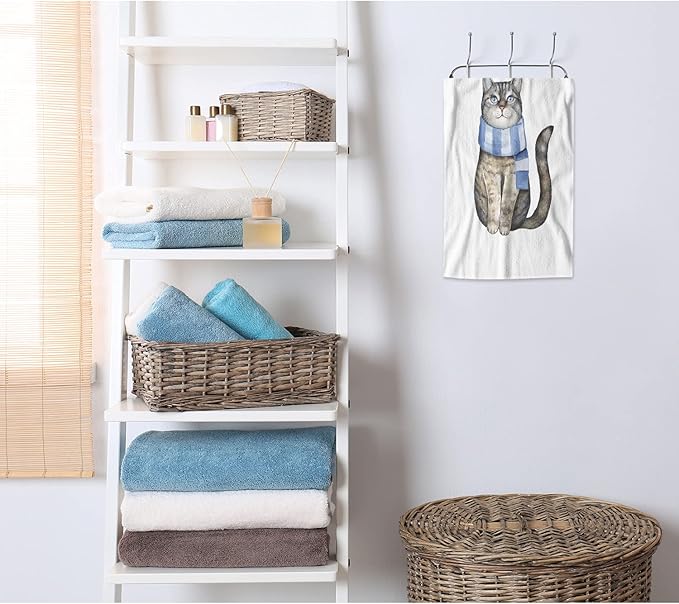 AOYEGO Gray Cat Kitchen Towel Winter Snowflake Kitten with Blue Striped Scarf Hand Towel Soft Absorbent Microfiber Towels for Hair Spa Hotel 15x30 Inch