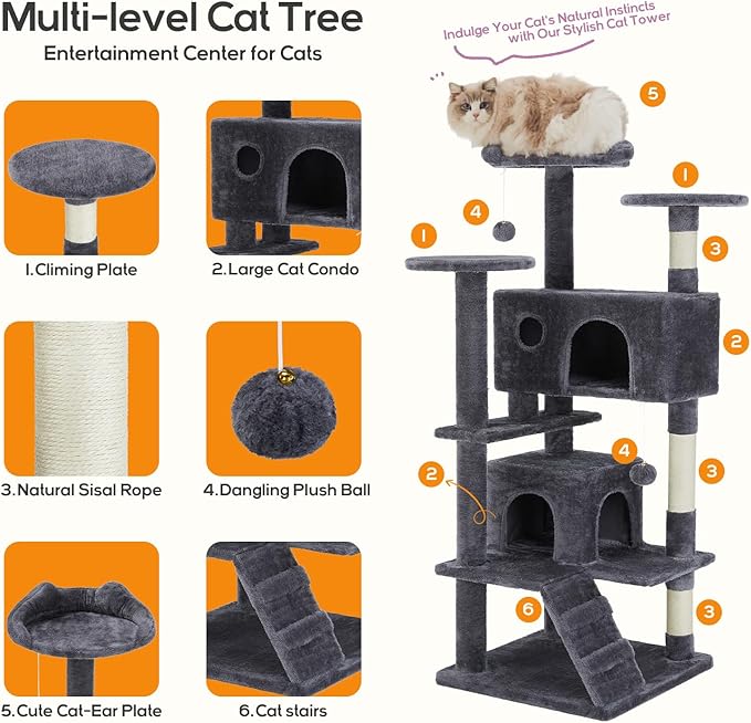 Cat Tree, 54-Inch Cat Tower for Indoor Cats with Sisal Scratching Post, Cat Play House, Large Kitty Condo, Plush Multi-Level with Climbing Ladder