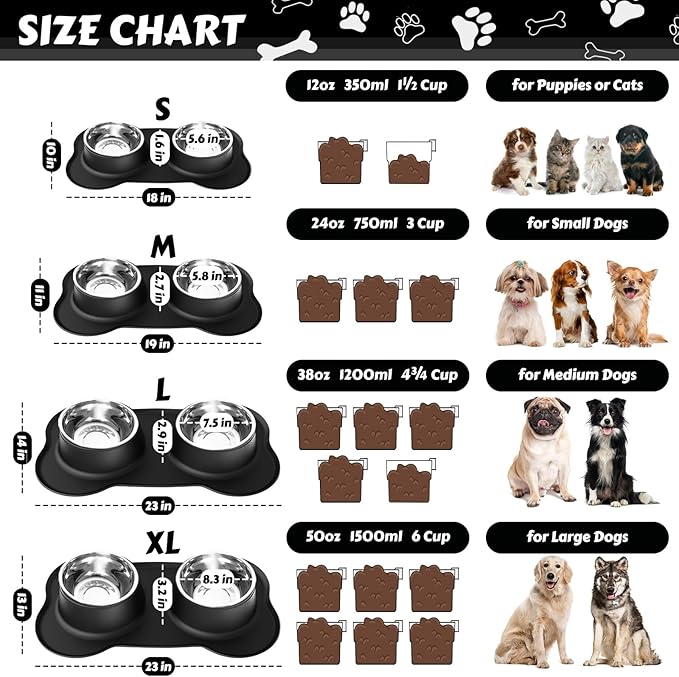 AsFrost Dog Food Bowls Stainless Steel Pet Bowls & Dog Water Bowls with No-Spill and Non-Skid, Feeder Bowls with Dog Bowl Mat for Small Medium Large Size Dogs Cats Puppy Pets, Dog Dishes, Black, 12oz