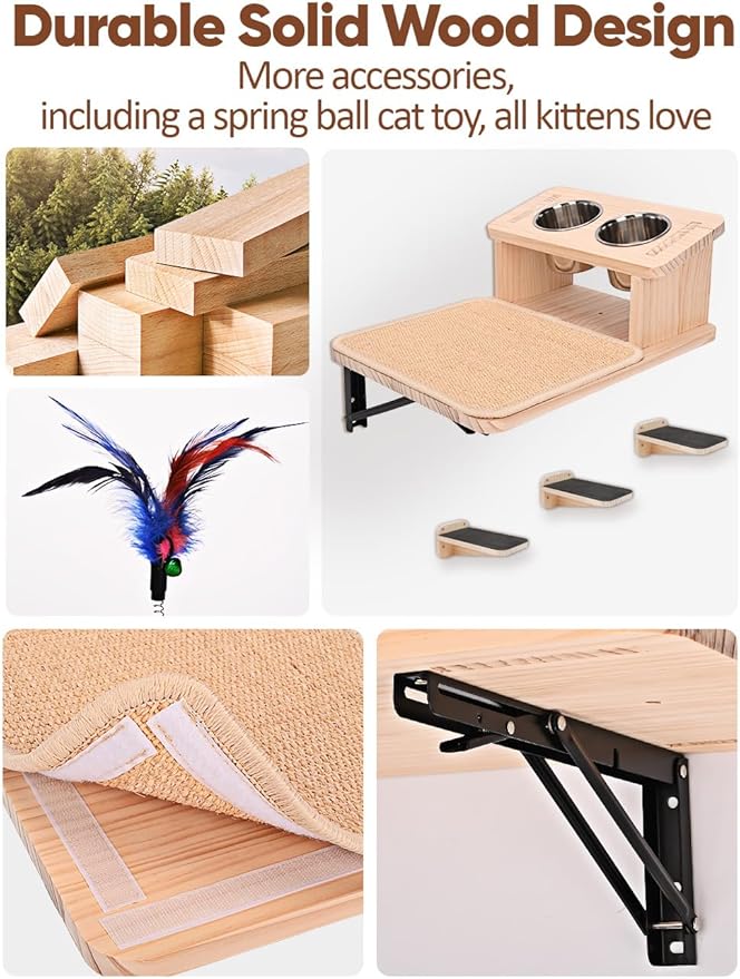 Cat Wall Shelves, Cat Shelves with 3 Cimbing Wall Steps & Cat Feeding Bowls Station, Cat Hammock and Perches for Wall, Cat Wall Furniture Set, Cat Climber Shelves Cat Scratching Post