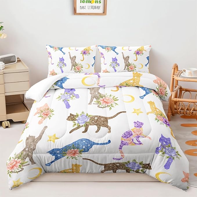 AILONEN Floral Cat Comforter Set Queen Size, 3-Piece Kids Soft Microfiber Kitted Bedding Set,Modern Shabby Chic Colorful Cat Comforter with 2 Pillowcases,Machine Washable