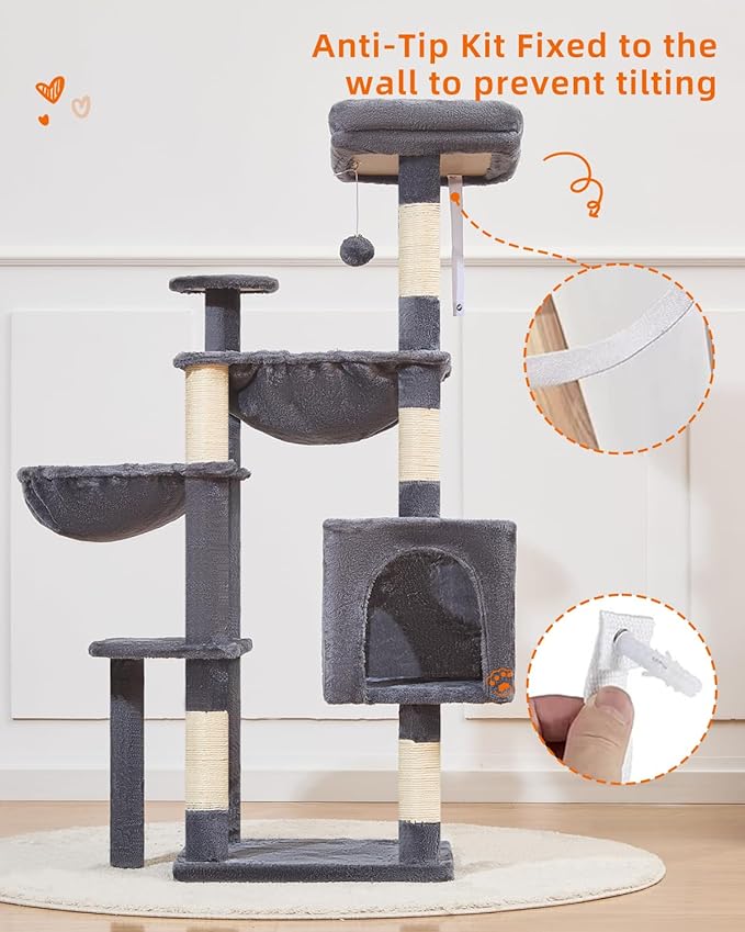 Taoqimiao Cat Tree, 51-Inch Cat Tower for Kittens, Cat Tree Tower with 5 Scratching Posts, Plush Cat Condo with Plush Perch, 2 Hammock, Pompoms, Smoky Gray MS019XL-G
