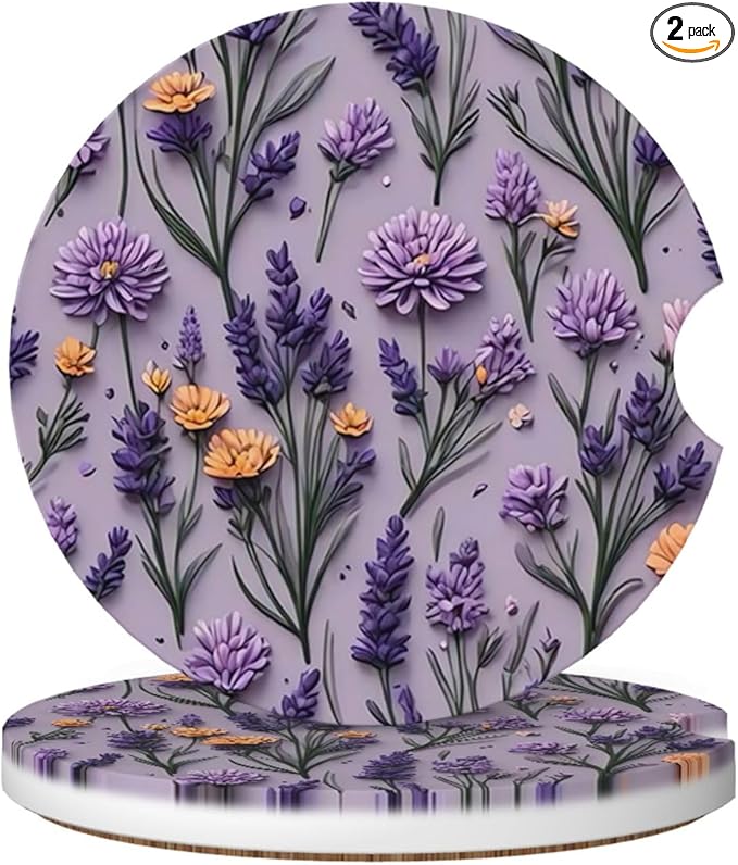 Absorbent Ceramic Car Coasters for Cup Holders, Purple Lavender Flower Design 2.56" Anti Slip Universal Drink Cup Coasters for Women Men (2 Pack)