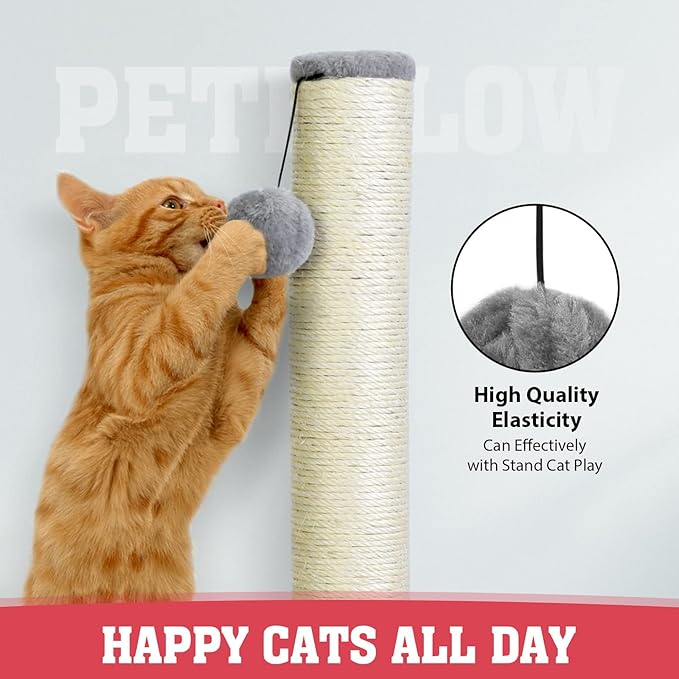 petellow 31'' Tall Cat Scratching Post - Cat Claw Scratcher with Hanging Ball - Scratching Posts for Indoor Large Cats - Durable Stable Cat Furniture with Sisal Rope - Cat Scratch Post-Grey