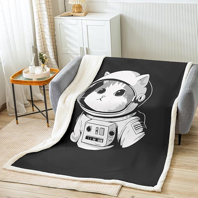 Astro-cat Sherpa Blanket Cute Pet Cats Fleece Throw Blanket for Sofa Couch Bed Decor Animals Universe Explore Plush Blanket Black White Fuzzy Blanket Baby 30"x40"