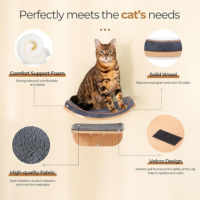 Cat Shelves, Cat Wall Steps and Perch, Cat nest, Wooden Floating Cat Climbing Furniture for Hopping and Sleeping, with Scratching Cushion（Combo）