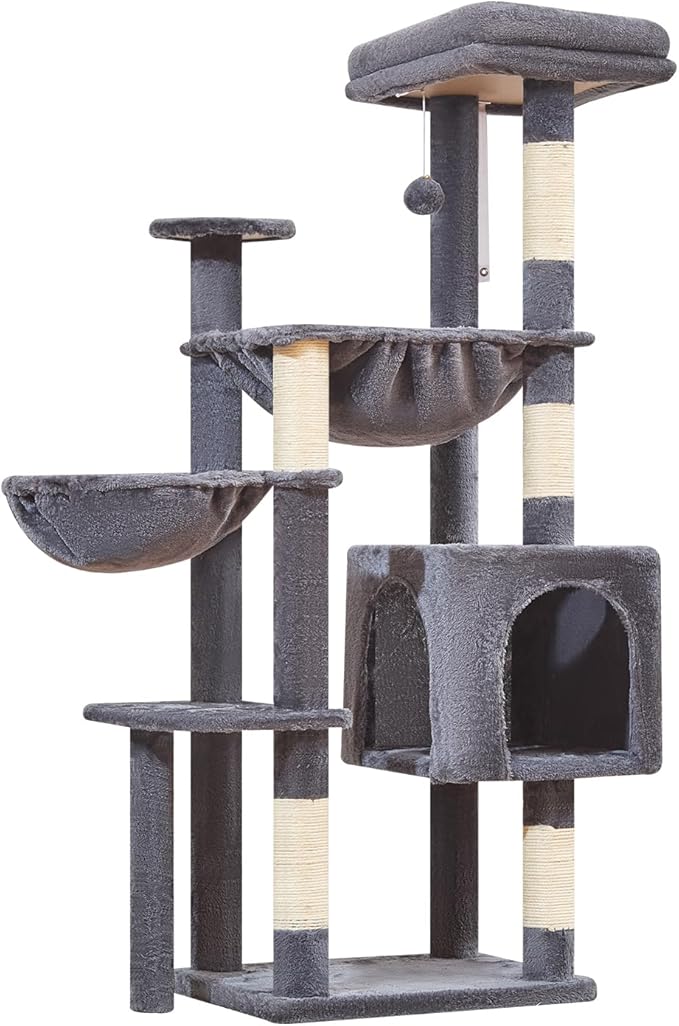 Taoqimiao Cat Tree, 51-Inch Cat Tower for Kittens, Cat Tree Tower with 5 Scratching Posts, Plush Cat Condo with Plush Perch, 2 Hammock, Pompoms, Smoky Gray MS019XL-G