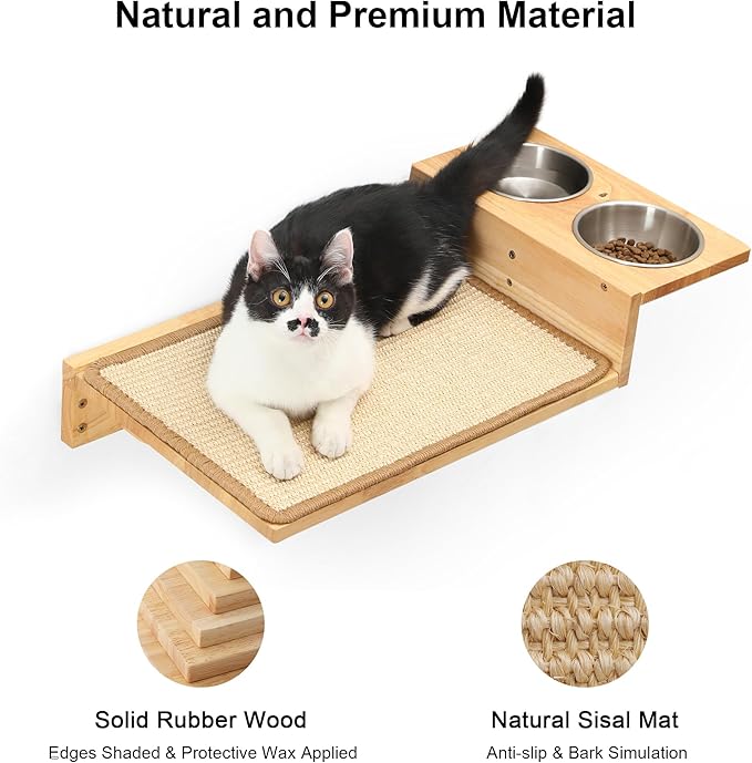 FUKUMARU Cat Wall Shelves, 3 in 1 Cat Wall Furniture Set, Cat Food Station with 2 Wall Steps, Solid Rubber Wood Cat Perch, Suitable for Cats Play, Nap, Eat, DIY Wall Jungle Gym