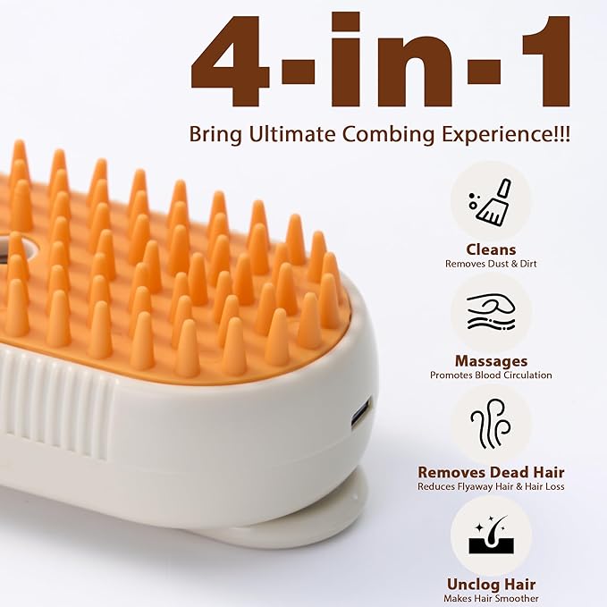 4 in 1 Cat Steam Brush for Shedding, Rechargeable Cat Brush with Steam, Anti-Static Steam Pet Brush, Massage, Cleaning, Shedding & Combing All In One!
