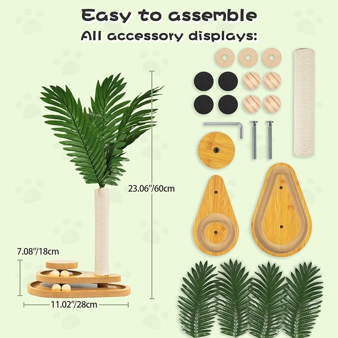 TONY HOBY Cat Scratching Post, Sisal Scratching Pole with Leaves, Interactive Cat Toy for Small Medium Cats (23.6 in, White)