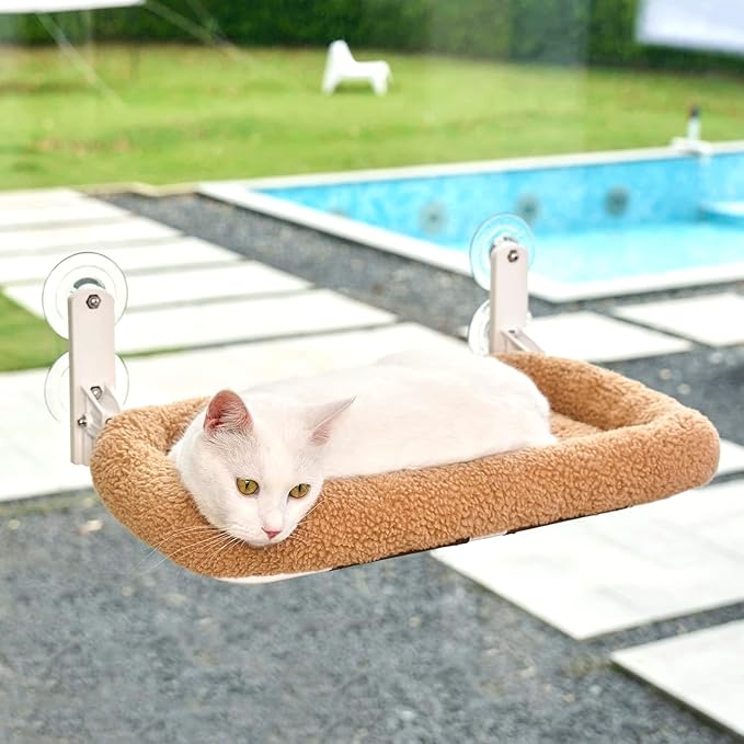 Foldable Cat Hammock for Window - Cordless, Embeded Machine Washable Bed, Robust Metal Frame - Cat Window Perch for Large Cats and Kitten (Brown Bolster Bed, Medium)