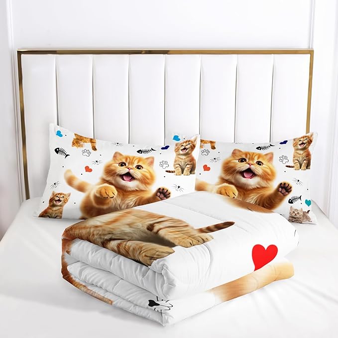 AILONEN Kids Kitten Cat Comforter Set Twin Size,Kawaii Cat Bedding for Girls,Cute Pet Animal Cat Duvet Set 3 Piece,1 Comforter with 2 Pillowcases,Cartoon