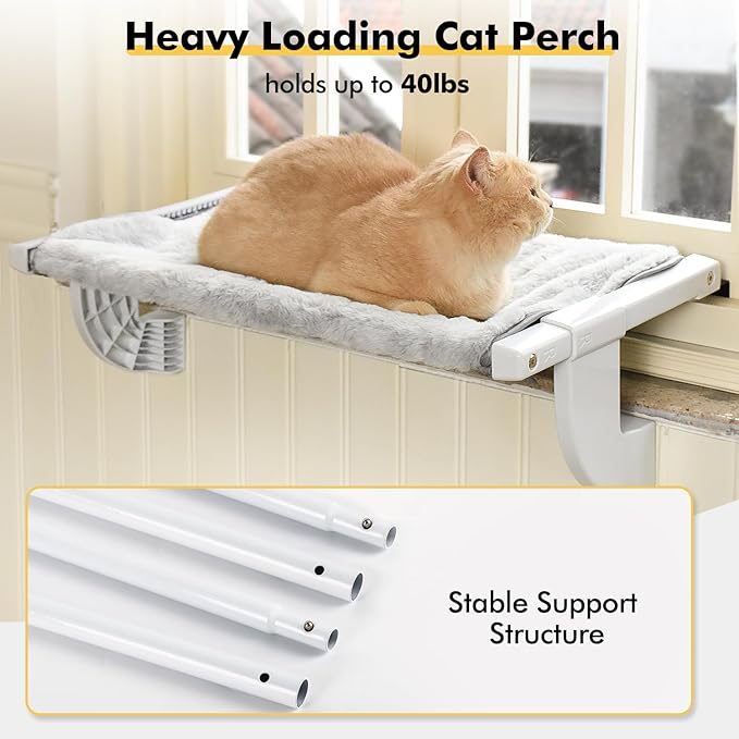 Window Sill Mount Cat Perch for Indoor Cats, One-Step Sliding Clamping Slot Adjustment Cat Hammock with Removable Two Fabrics Cover, No Suction Cups Cat Bed for Windowsill & Bedside (XL)