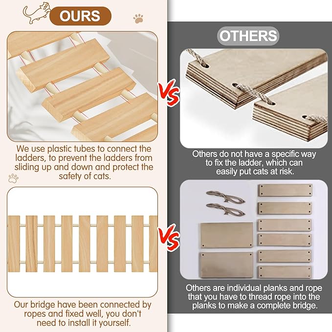 Cat Wall Hammock, Wall Mounted Cat Bridge with Track Toy Ball & 3 Hanging Ball, Pet Ladder Wide 10"" Long 29"" for Climb, Perch, Activity, Easy Install Wooden Cat Steps Hammock Tree Shelf