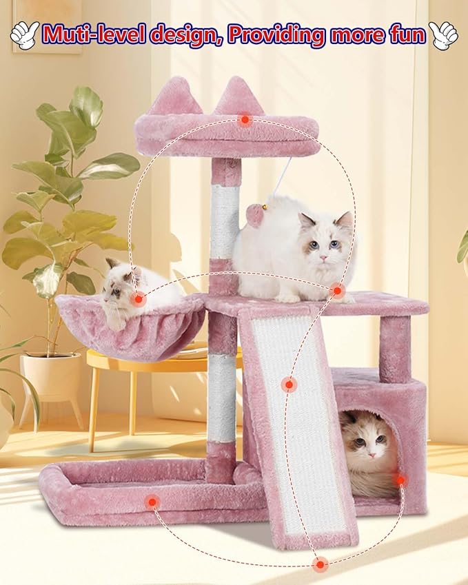 Cat Tree, Cat Tower with condo, Basket, Large Bed, Platform, Scratch Board, Cat Scratching Posts for Indoor Cats, Pink GCT002SP