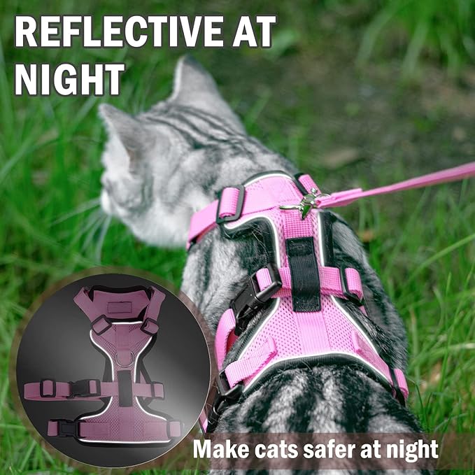 PUPTECK Cat Harness and Leash Set Escape Proof for Walking, Breathable Mash Vest Adjustable Harness for Cats Puppy Small Animals, Reflective at Night, Pink Medium