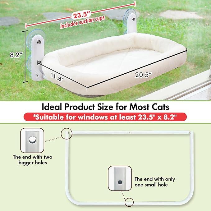 Cat Window Perch, Cordless Cat Hammock Window Seat with Cozy Pad Bed Cover for Indoor Cats, Durable Metal Frame Support Cat Bed with 4 Suction Cups for Large Cats (Cushion Pad Bed - White)