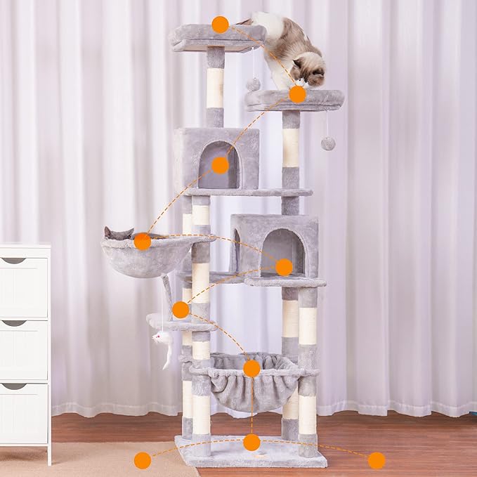 Heybly Cat Tree, 70 inches Tall Cat Tower condo with Toy for Indoor Large Cats, Cat House Furniture with Padded Plush Perch, Cozy Hammock and Sisal Scratching Posts,Light Gray HCT032W