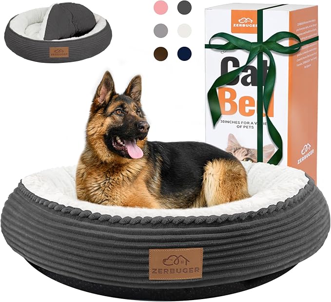 30in Round Cat Dog Bed for Large Medium Small Dogs Cats, Machine Washable Sleeping Sofa, Non-Slip Bottom Breathable Soft Calming Pet Cuddler for Indoor/Outdoor/Car/Cage, Dark Grey
