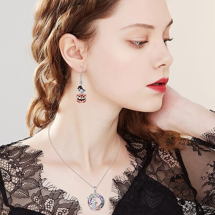 AOBOCO Cat Necklace Sterling Silver Bat Black Cat Quartz Cat Necklace Ghost Pumpkin Pentagram Witch Pendant Necklace Halloween Gifts for Women