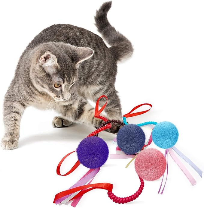 4Pcs Cat Crinkle Interactive Toys Colorful Furry Balls Sounable with Ribbon and Elastic Coil Spiral Springs Chasing Toys for Indoor Feline Kitten Door Hanging Cats Teaser Toys