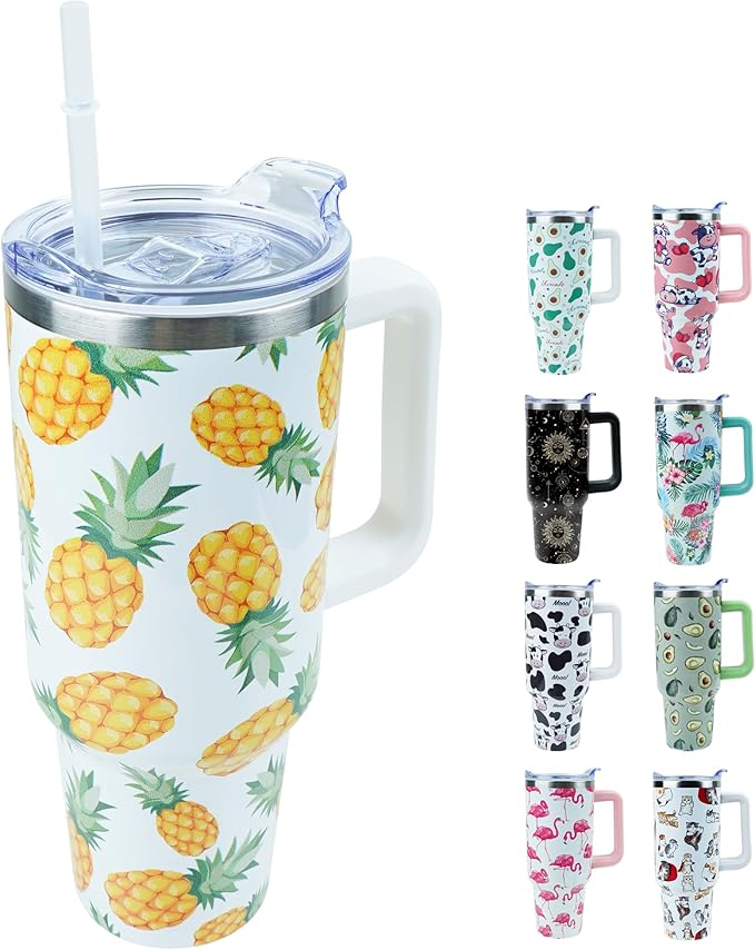 40 oz Tumbler with Handle and Straw, Stainless Steel Insulated Cup with Leak Proof Lid and Straw Lid, Keep Drinks Cold and Hot for Hours(Pineapple)