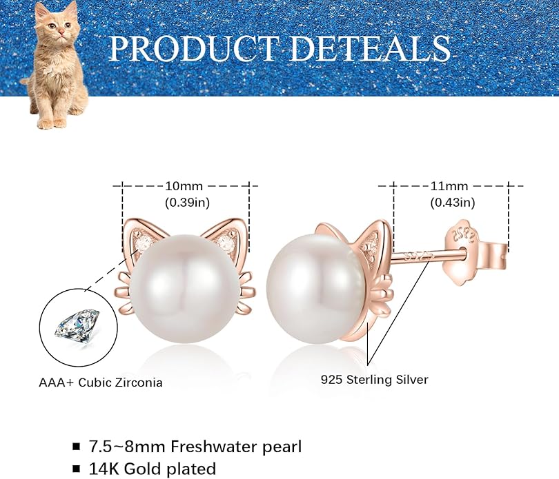 925 Sterling Silver Freshwater Pearl Cat Stud Earrings for Women, Cat CZ Studs Hypoallergenic Jewelry Gift
