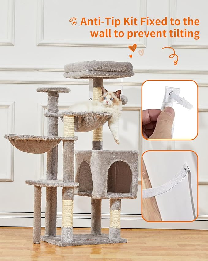 Taoqimiao Cat Tree, 39.4-Inch Cat Tower for Indoor Cats,Suitable for Kittens,Plush Cat Condo with 5 Scratching Posts, Plush Perch,2 Hammock,Pompoms, MS019W Light Gray