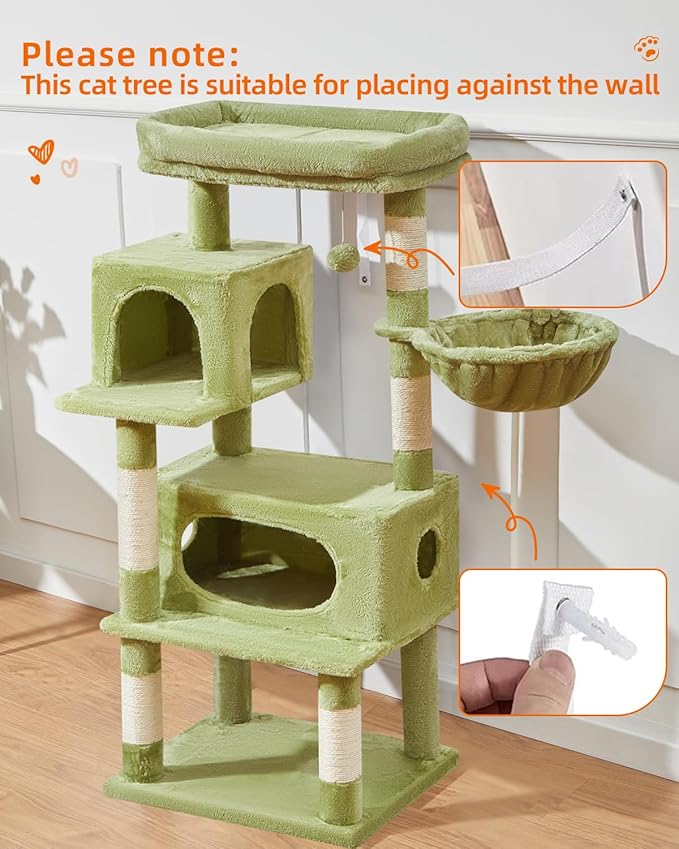 Taoqimiao Cat Tree,48.8-Inch Cat Tower for Indoor Cats,2 Luxurious cat condo with Adjustable Large Hanging Baskets and Large Luxurious Perch Green MS029LGR