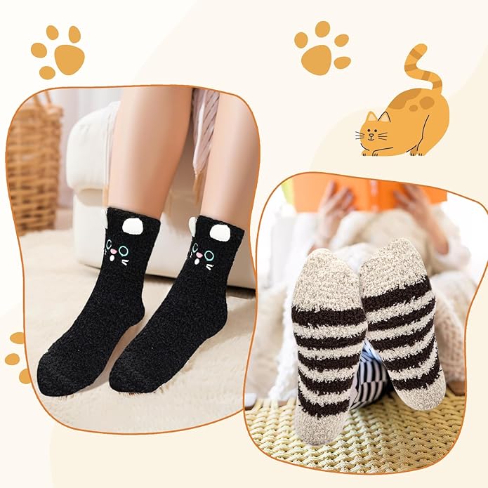 3-6 Pairs Womens Fuzzy Socks Cozy Fluffy Slipper Socks Cute Soft Cat Animal Winter Warm Sleep Socks Gifts