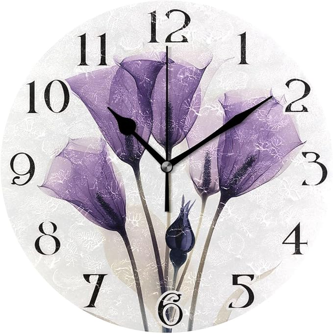ALAZA Purple Tulip Lily Flower Wall Clock Battery Operated Kitchen Clock 9.5 Inch Bathroom Clock Non Ticking Round Decorative Desk Clock Bedroom Living Room Decor
