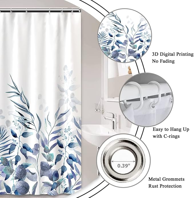 AWERT Shower Curtain Plants for Bathroom,Waterproof Quick-Drying Blue Leaves Shower Curtain Set with Hooks 48x72 Inch