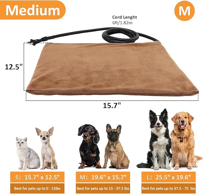 Pet Heating Pad, Electric Heated Pad for Dog Cat, Warm Mat Waterproof Dogs Cats Beds with Constant Temperature,Chew Resistant Cord, Comfortable Heater Heater Blanket Puppy and Kitten (M:20'' x 16'')