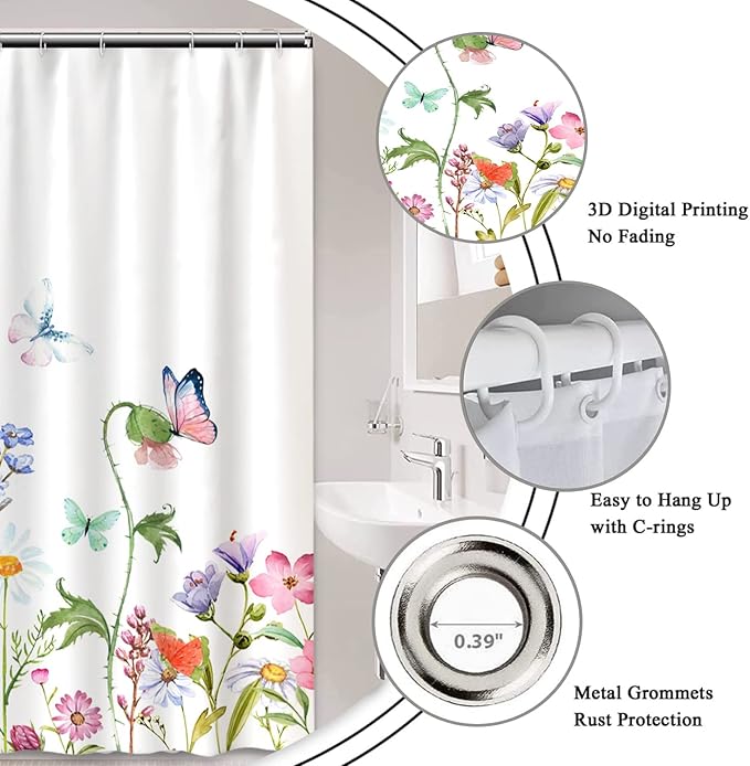 AWERT Small Half Size Stall Shower Curtain with 6 Hooks 36 inch Shower Stall Curtain 36 x 72 Butterfly Wildflowers for Bathroom/RV and Camper (Butterfly)