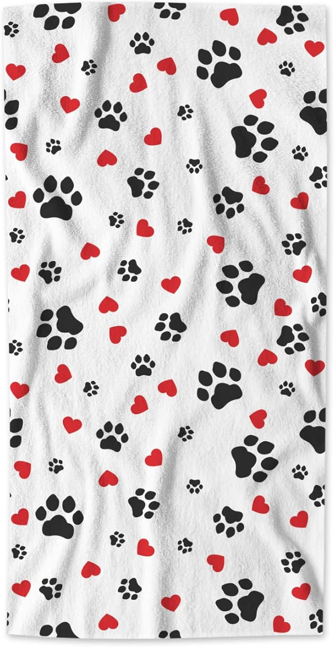 AOYEGO Cute Colorful Paw Print Bath Towels Lovely Puppy Animal Dog Cat Footprint Red Hearts Kitchen Hand Towels Bathroom Decor Soft Beach Microfiber Hair Towels 15x30 Inch
