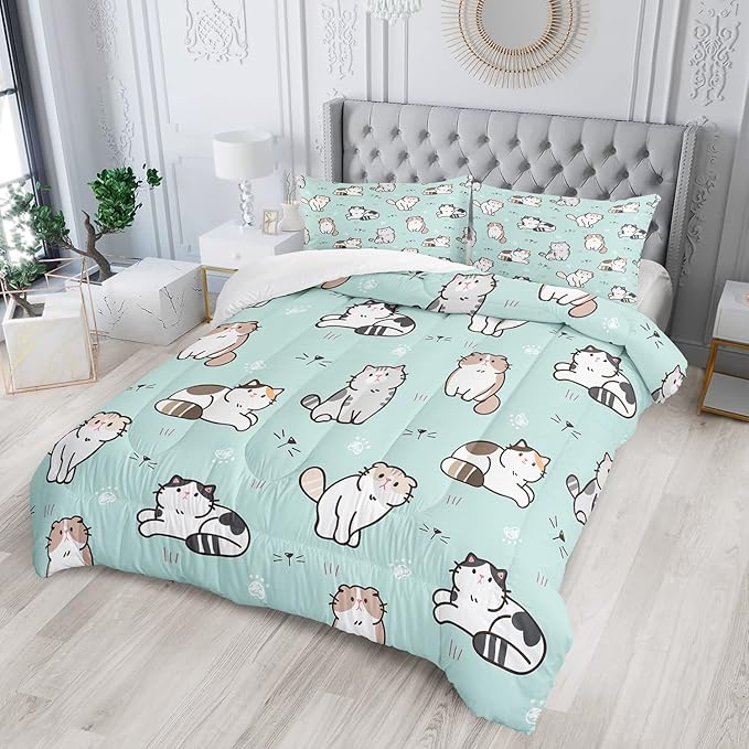 AILONEN Cat Comforter Set, Cat Bedding Set Twin Size for Girls,Bed in a Bag Superior Duvet for Teen,Easy Care,Microfiber,1 Comforter 2 Pillowcases 3 Piece