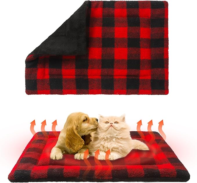 KOOLTAIL Double Used Self Warming Cat Bed Self Heating Cat Dog Mat 28*19inch, Soft Thermal Pet Pad for Indoor Outdoor, Washable Cat Bed Blanket for Large Kitten Puppy Small Animal, Buffalo Plaid Red