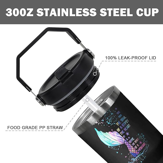 30 Oz Mermaid Tumbler with Handle and Straw, Mermaid Cups Insulated Mermaid Coffee Mug, Double Wall Stainless Steel Mermaid Mug, 30 Oz Leak Proof Mermaid Coffee Cup and Mermaid Gifts for Women
