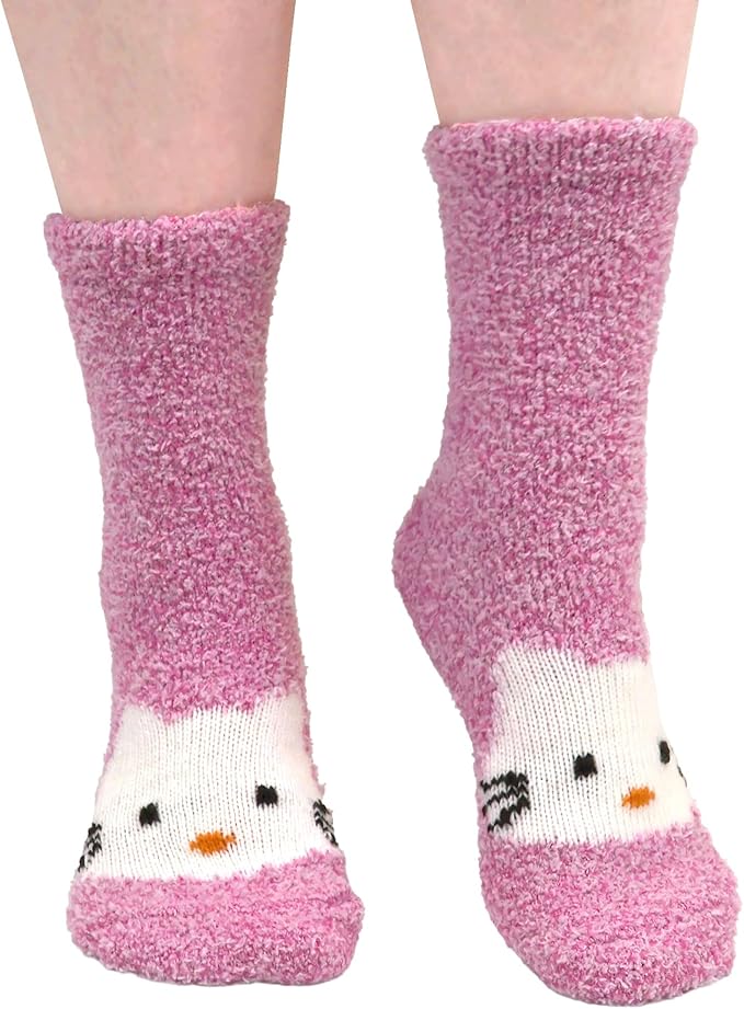 BambooMN Super Soft Warm Cute Animal Face Non-Slip Fuzzy Crew Winter Home Socks, Value Pack