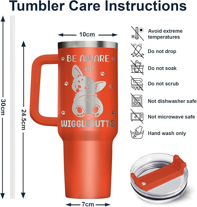 34HD Corgi Tumbler with Handle and Straw, 40oz Dog Mom Stainless Steel Coffee Mug with Lid, Beware of Wigglebutts Cup, Corgi Mom Gifts for Friends Sisters Daughter Aunt