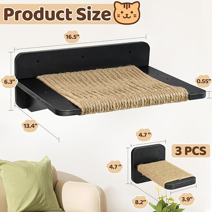 Cat Hammock Cat Wall Shelves with 3 Cat Wall Steps, Wall Mounted Cat Shelves and Perches with Hemp Rope Scratching, Cat Wall Furniture Climbing Shelves for Indoor Cats Set