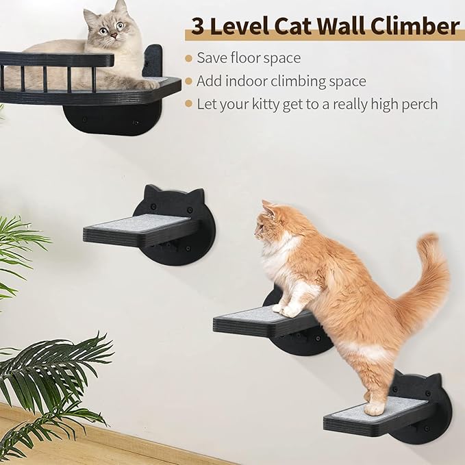Cat Wall Furniture Wall Mounted, 2PCS Cat Shelves and Cat Perches for Wall with 3 Cat Wall Steps and Scratching Pad, Cat Climbing Condo Fit Cat Up to 15Lbs, Wood Cat Hammock Wall Mount (Black)