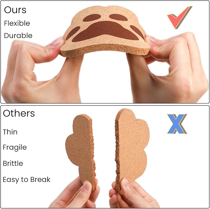 12 Pack Cork Coasters for Drinks, 4.7" Absorbent Cup Mat Set, Heat Resistant Kitchen Coasters, Reusable Cat Paw Shape Table Protection Trivet for Glasses Mugs, Room Decor, Housewarming Gifts